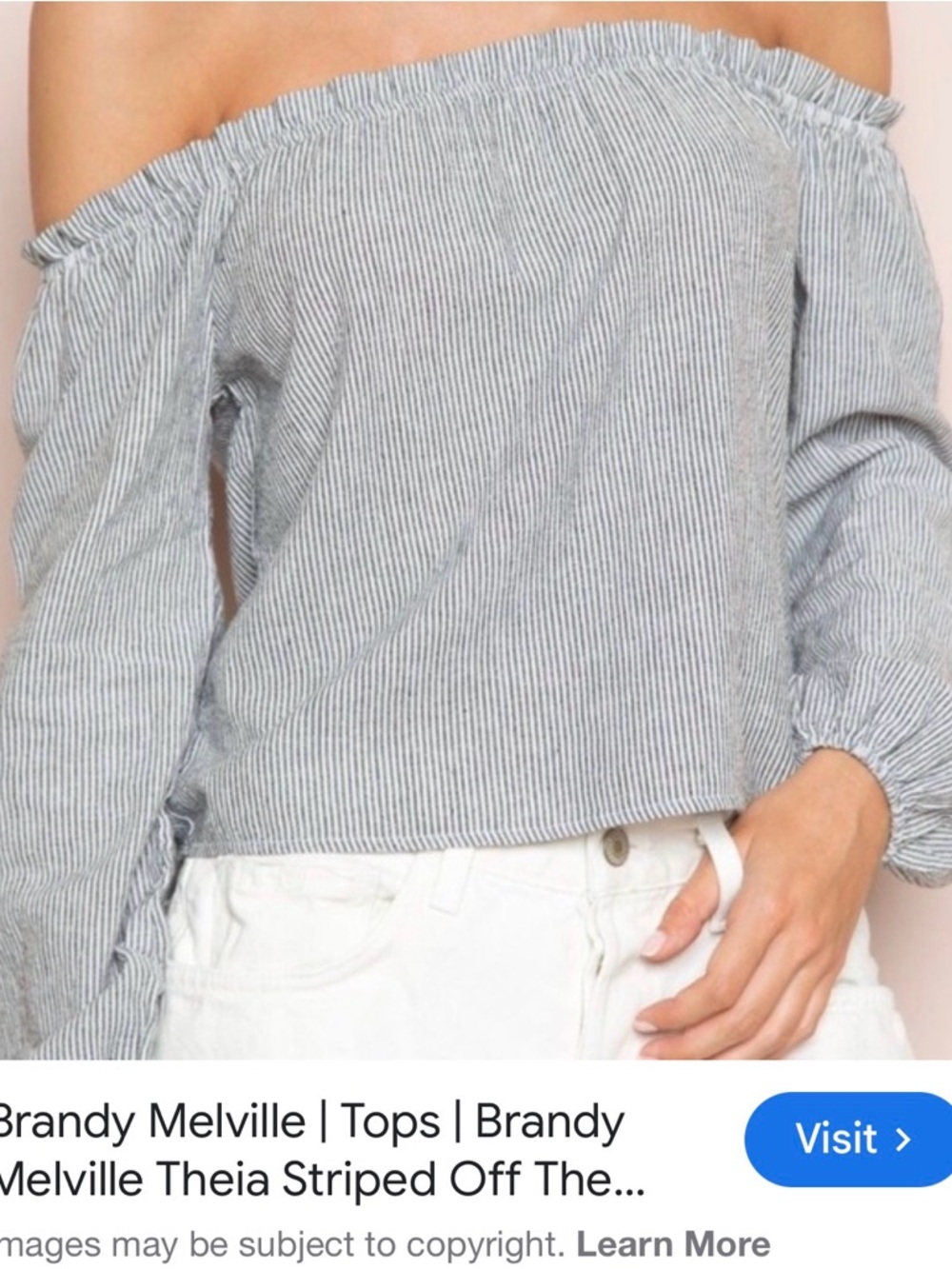 Brandy Melville Blue and White Pinstripe Off-Shoulder Blouse - Picture 4 of 5